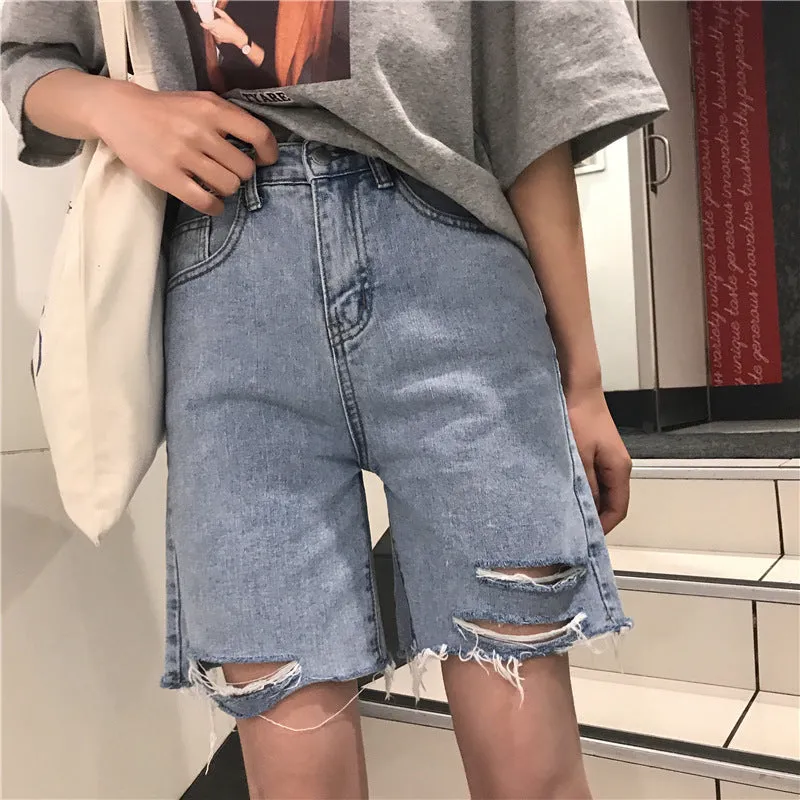 Plus Size Ripped Denim Shorts Women Korean Loose Mid-Length Pants Straight Hot Bermuda Shorts