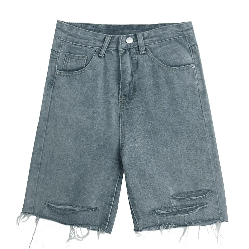 Plus Size Ripped Denim Shorts Women Korean Loose Mid-Length Pants Straight Hot Bermuda Shorts