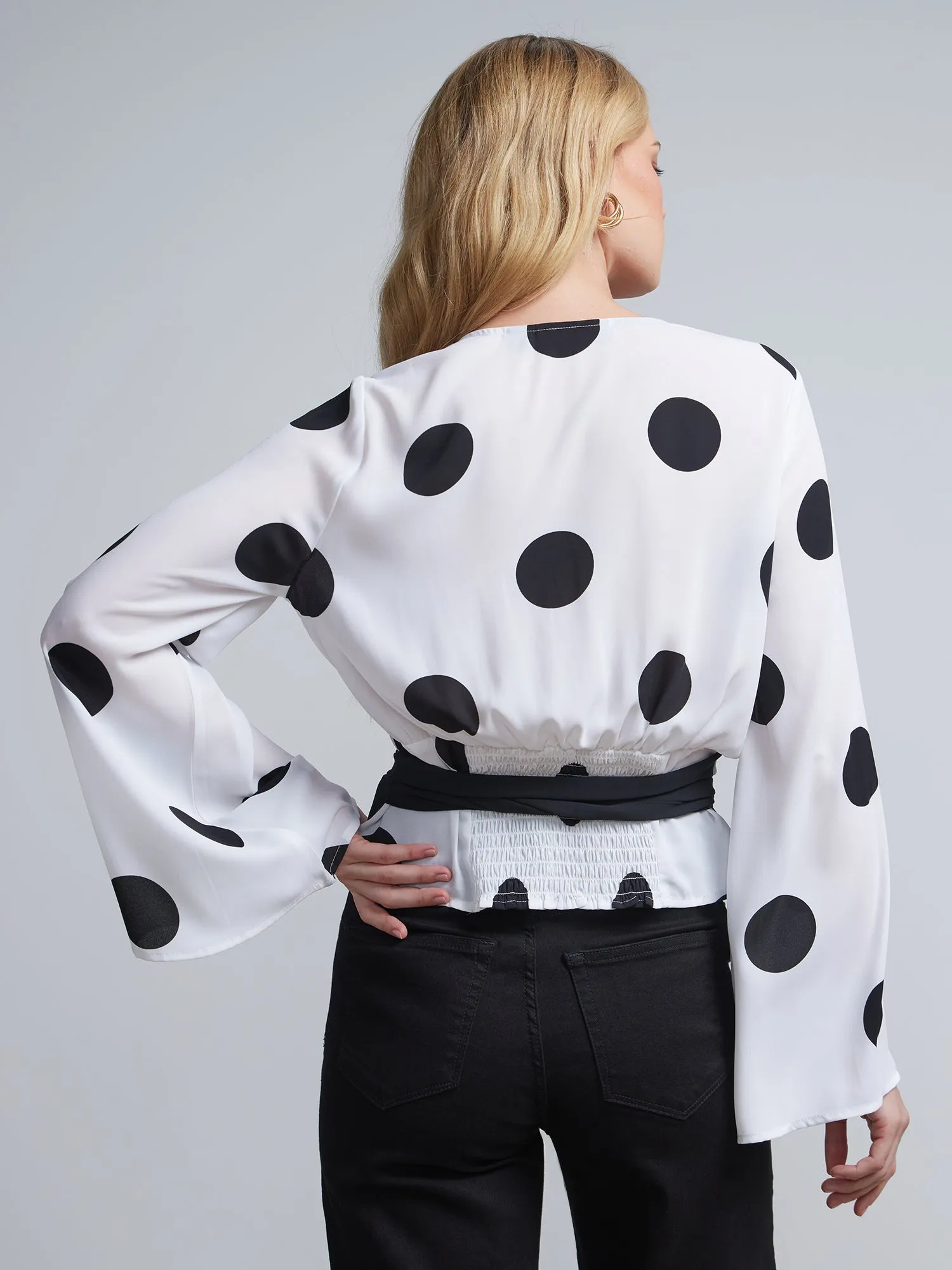 Polka-Dot Bell-Sleeve Tie-Waist Blouse