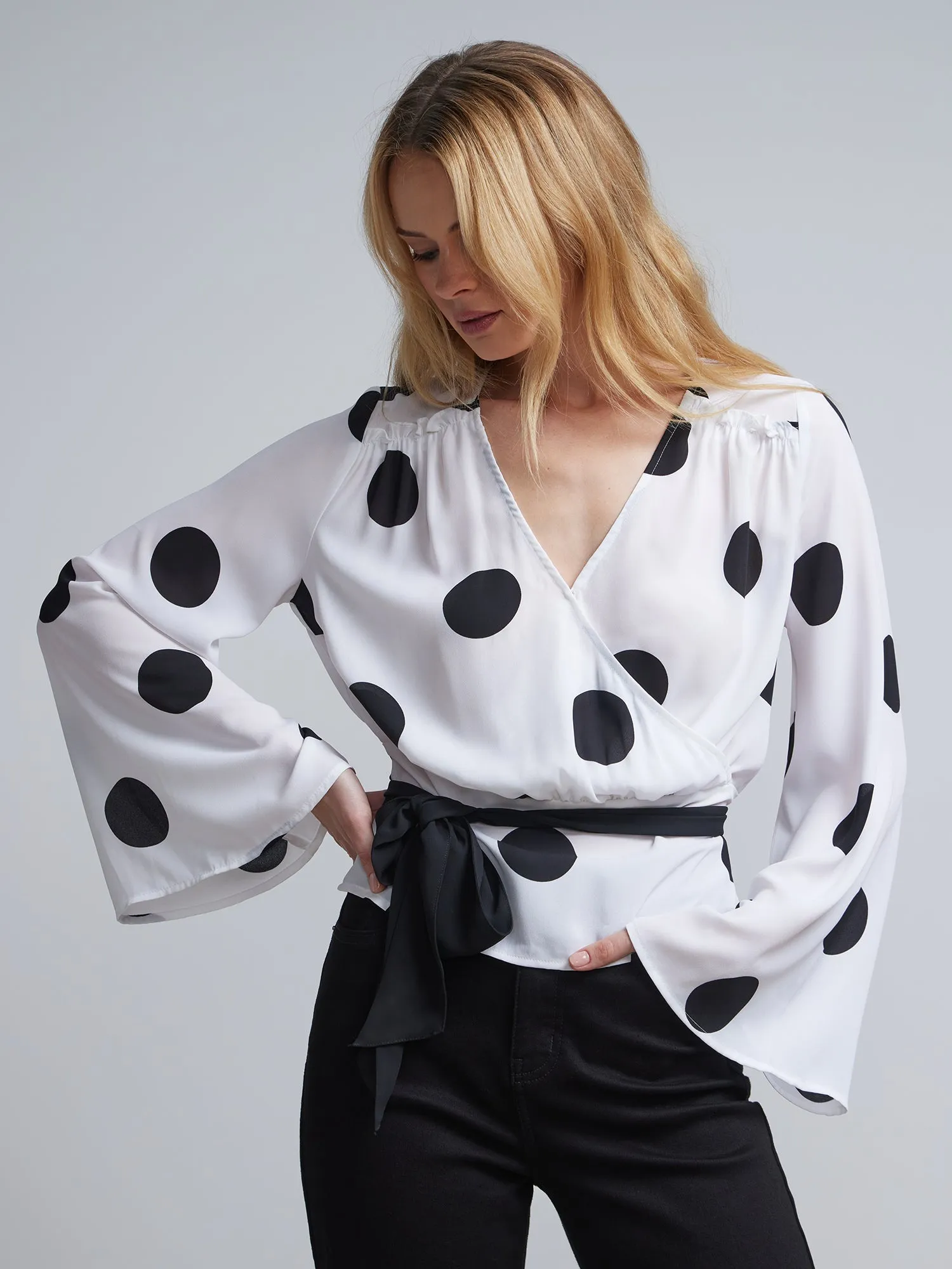 Polka-Dot Bell-Sleeve Tie-Waist Blouse