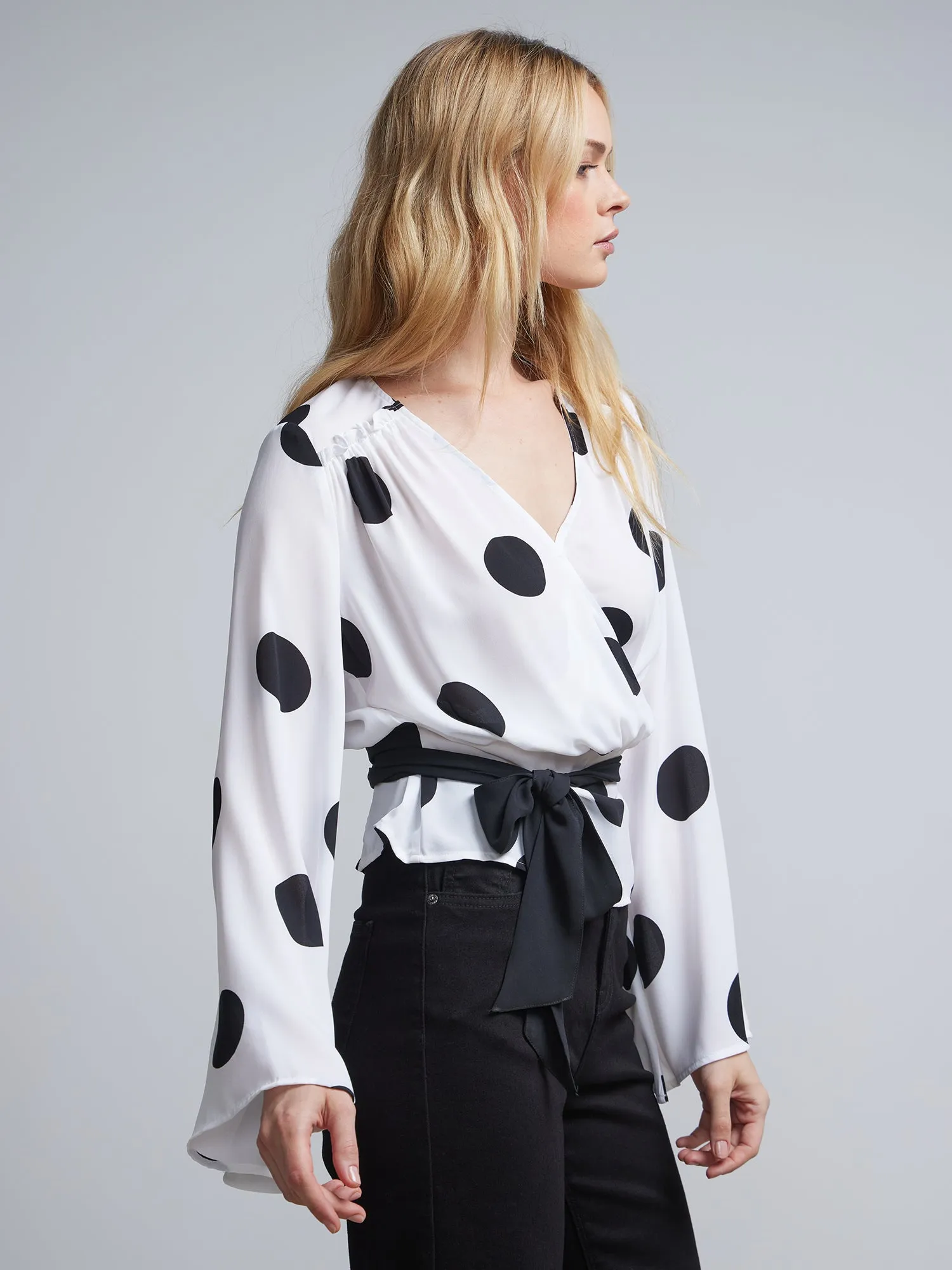 Polka-Dot Bell-Sleeve Tie-Waist Blouse