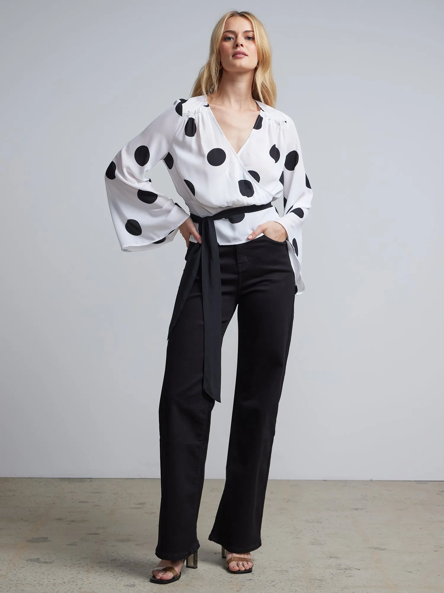 Polka-Dot Bell-Sleeve Tie-Waist Blouse