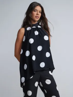 Polka-Dot Mock-Neck High-Low Blouse