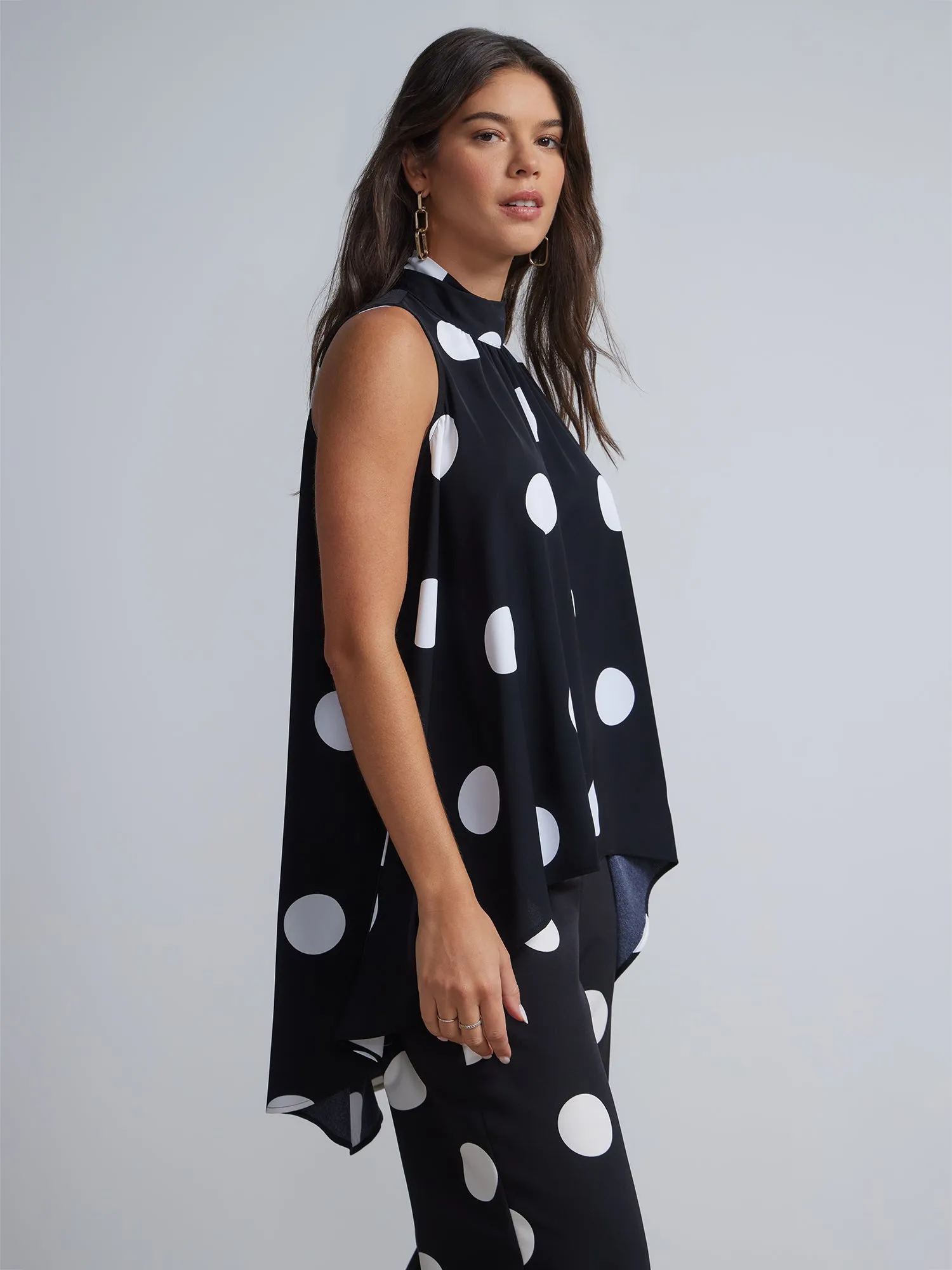 Polka-Dot Mock-Neck High-Low Blouse