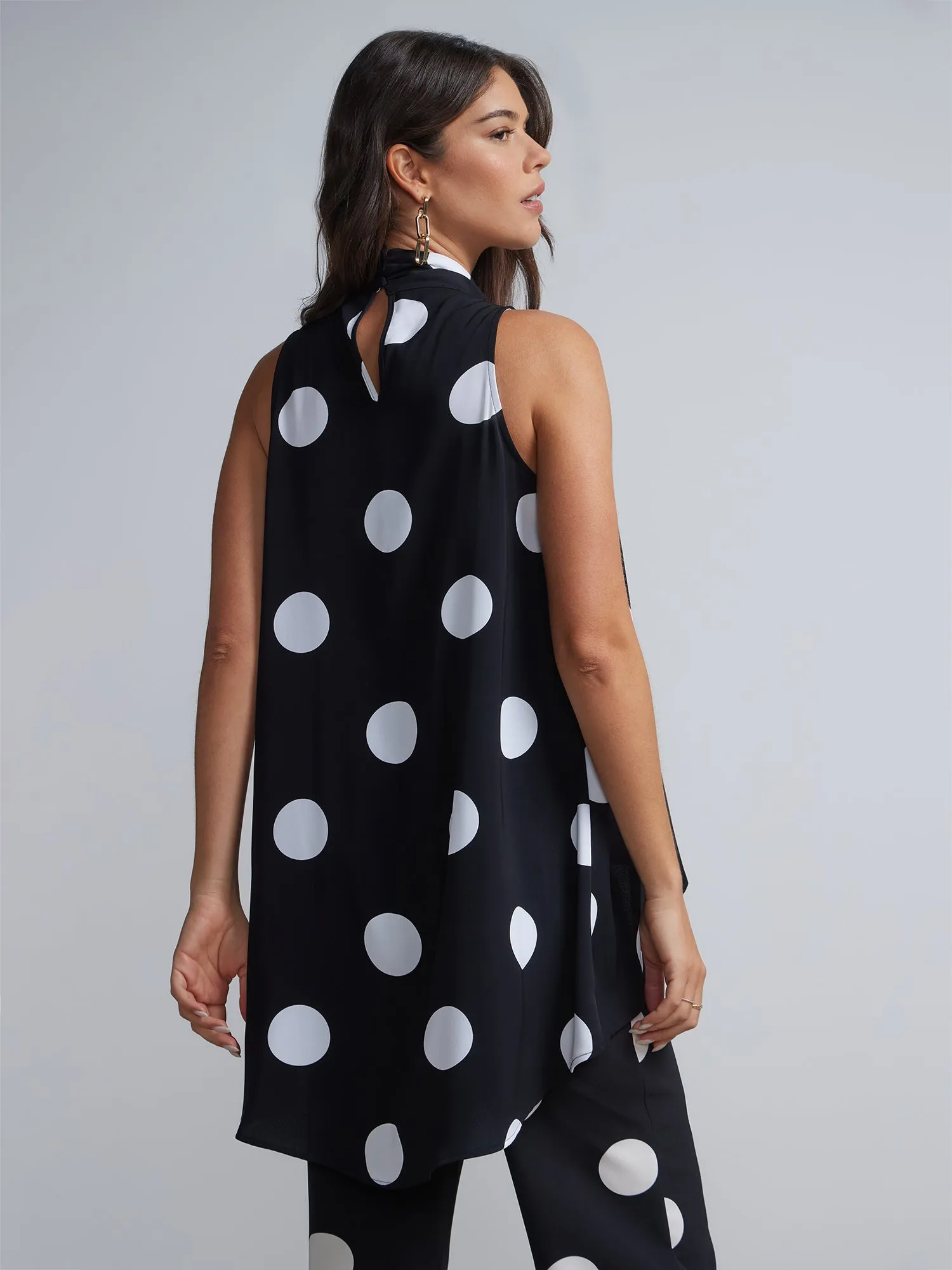 Polka-Dot Mock-Neck High-Low Blouse