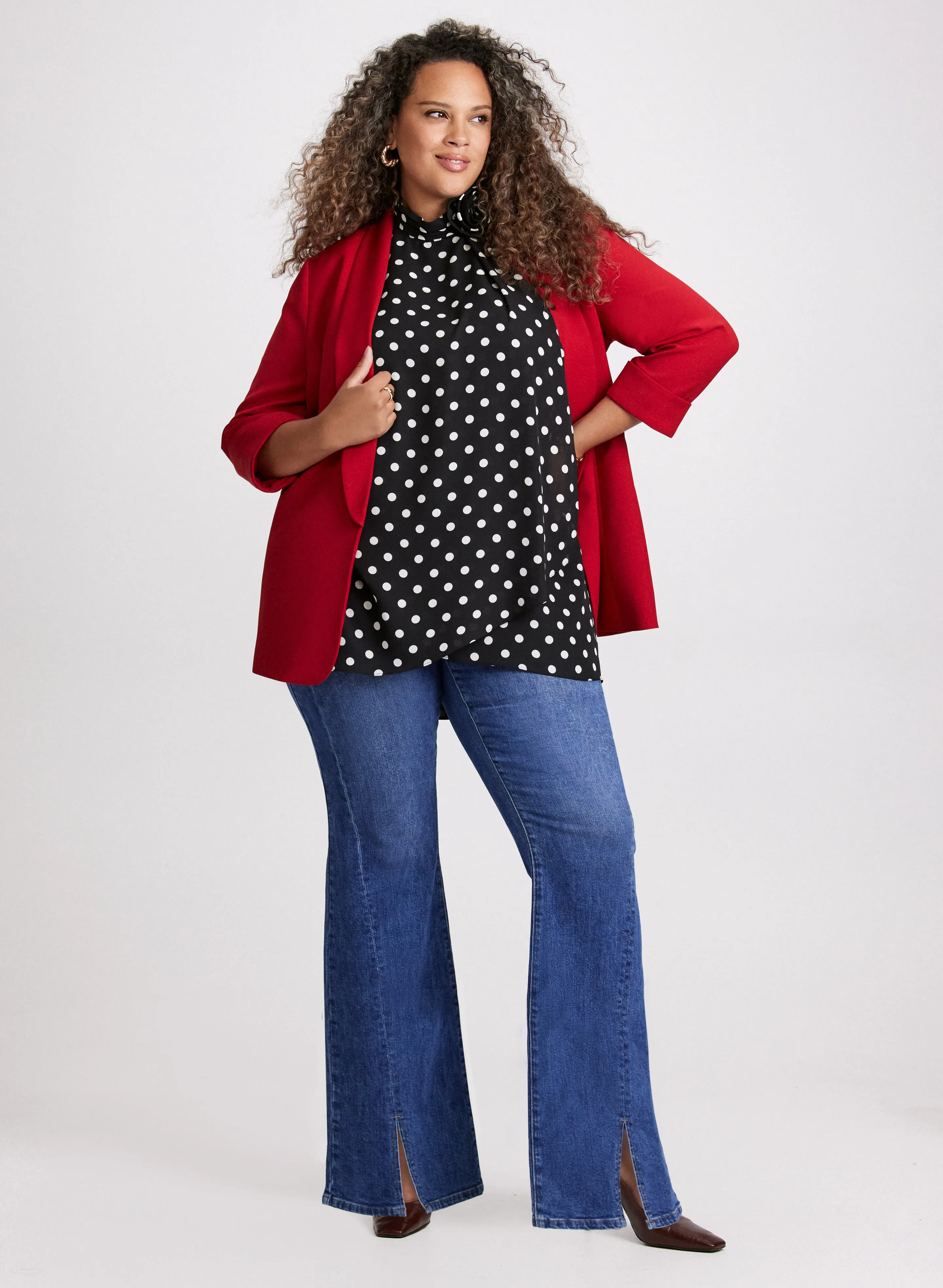 Polka Dot Print Mock Neck Blouse