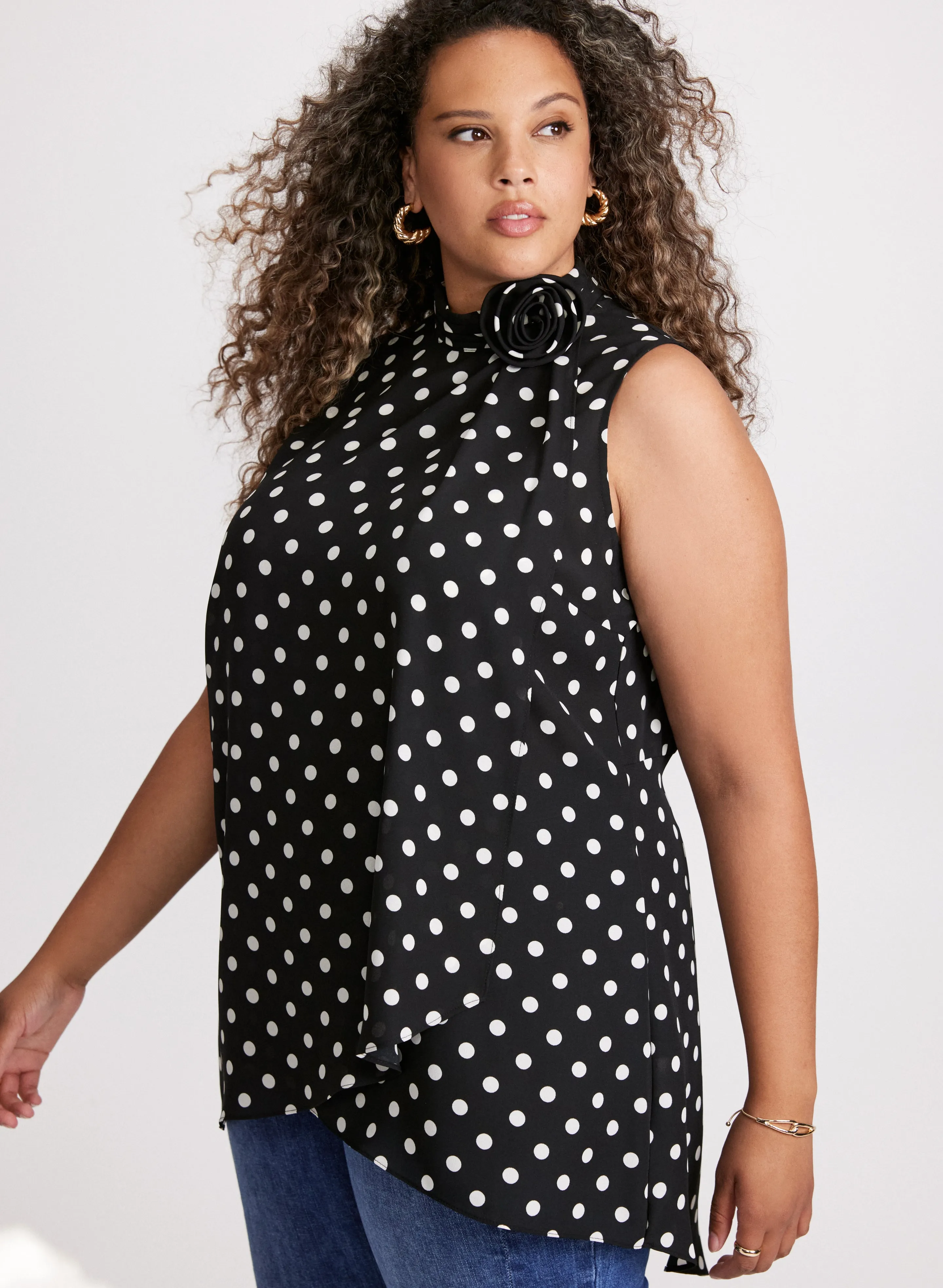 Polka Dot Print Mock Neck Blouse