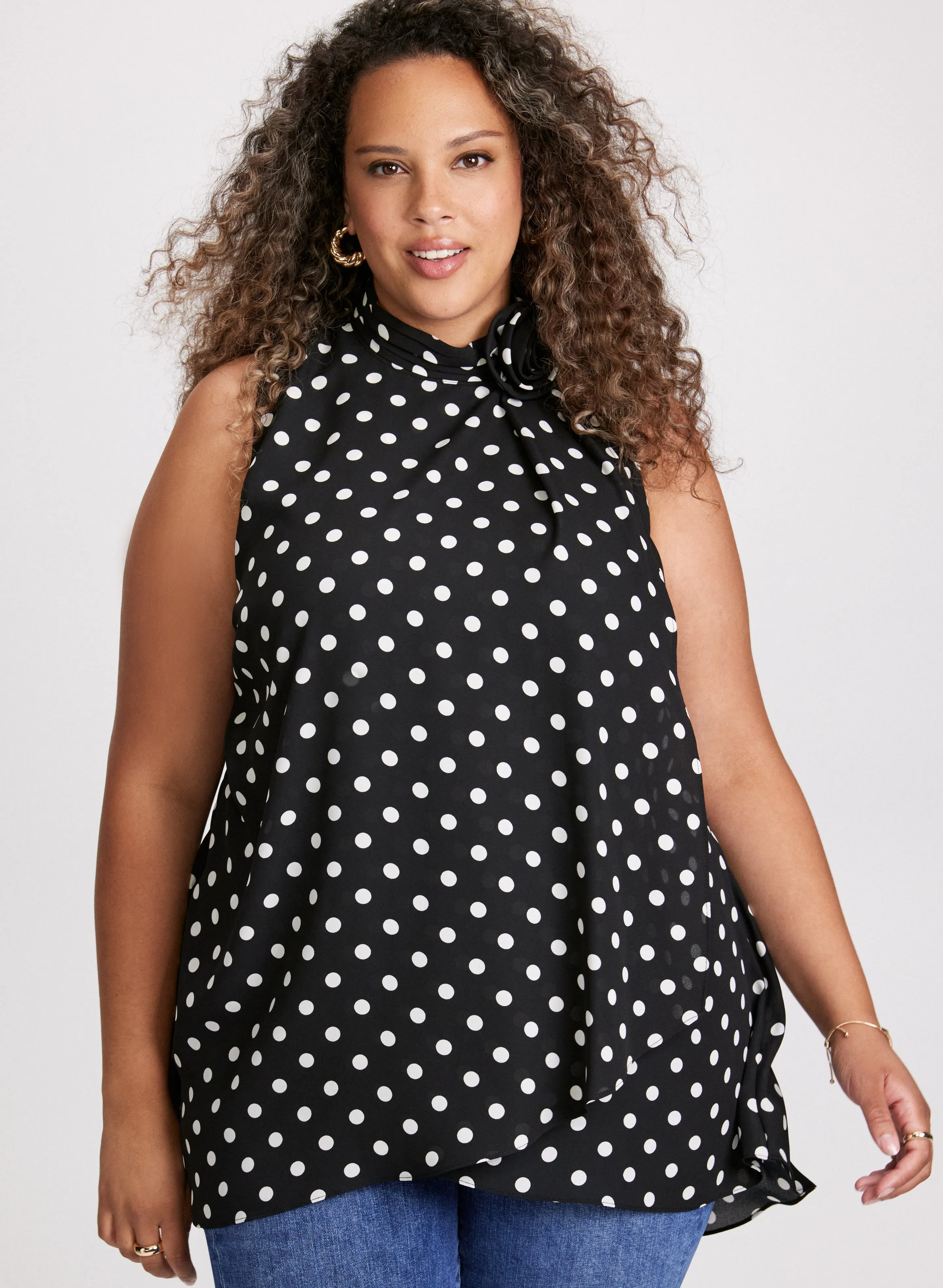 Polka Dot Print Mock Neck Blouse