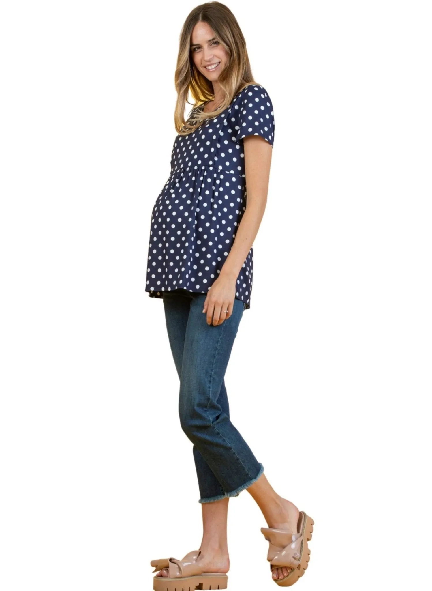 Polka Dot Printed Maternity Blouse with Gathering