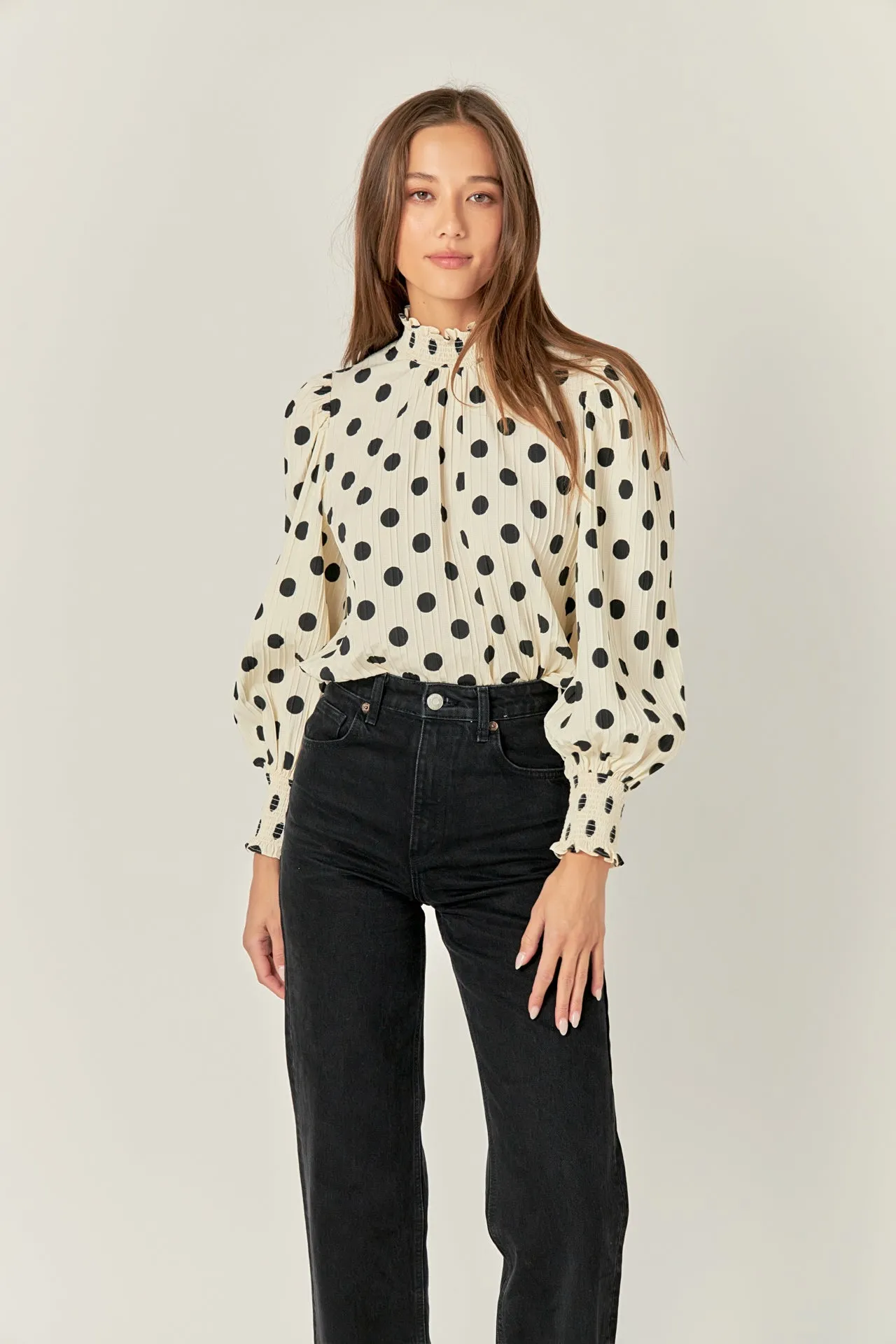 Polka Dot Smock Neck Blouse