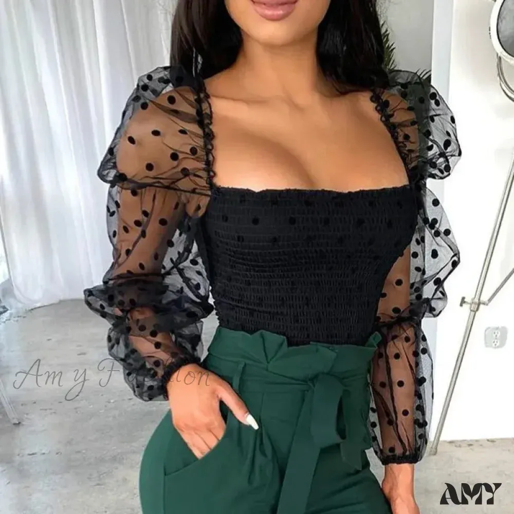 Polka Dot Vintage Puff Sleeve Square Sexy See-through Blouse