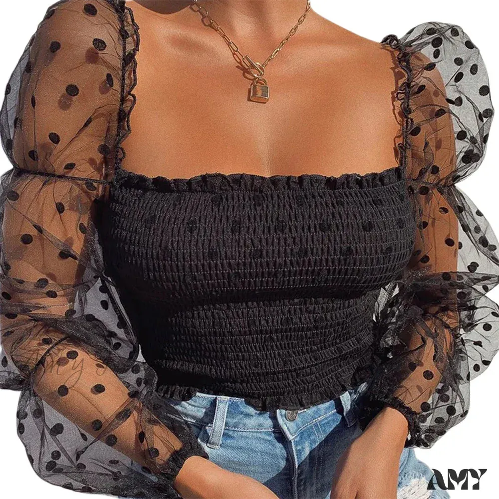 Polka Dot Vintage Puff Sleeve Square Sexy See-through Blouse