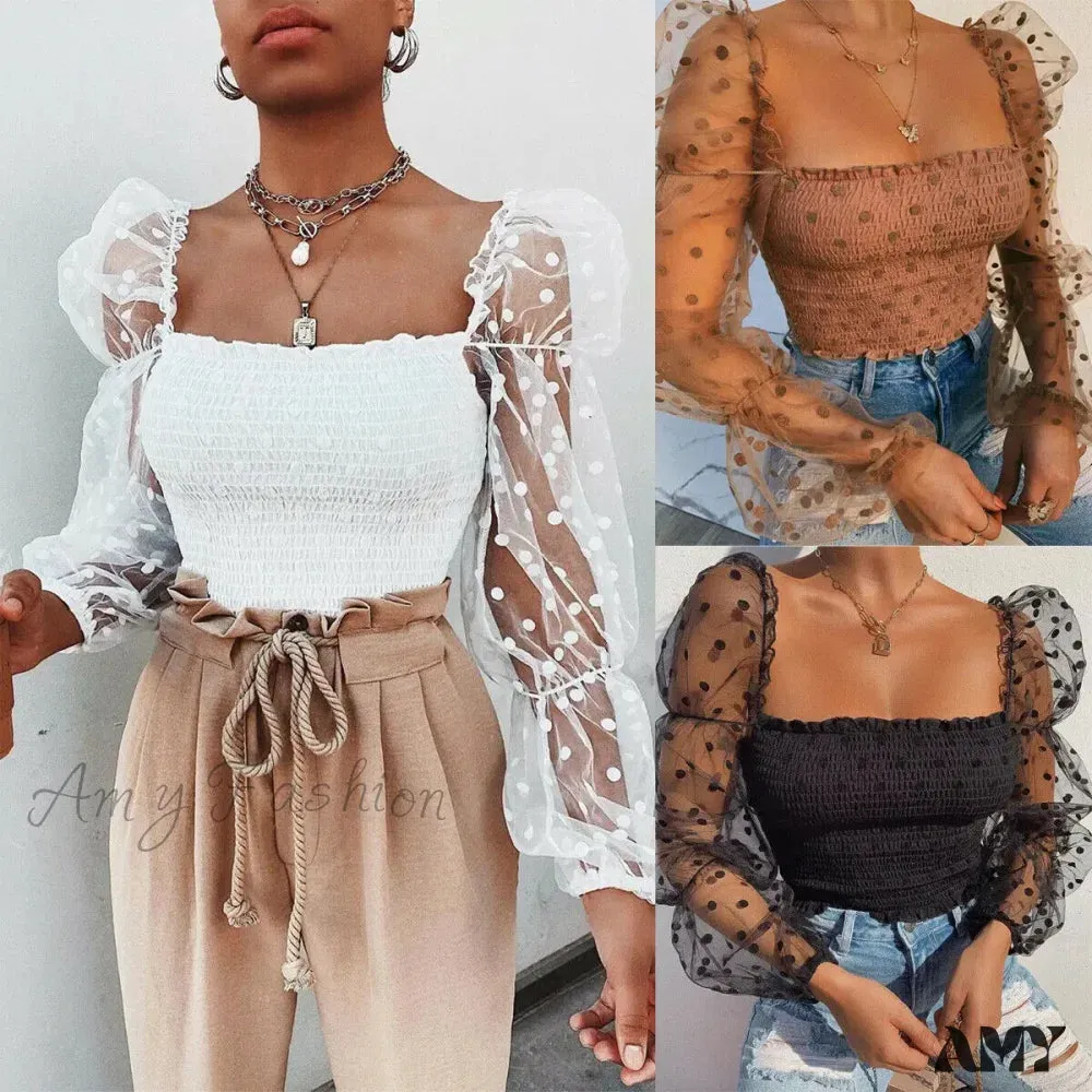 Polka Dot Vintage Puff Sleeve Square Sexy See-through Blouse