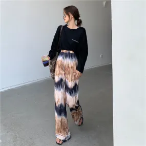 Printed Wide Leg Casual Women Vintage Hong Kong Loose High Waist All-Matching Slim-Look Straight Long Pants