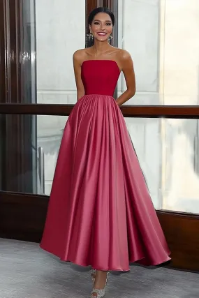 Red Pink Satin A Line Strapless Tea Length Gala Dress