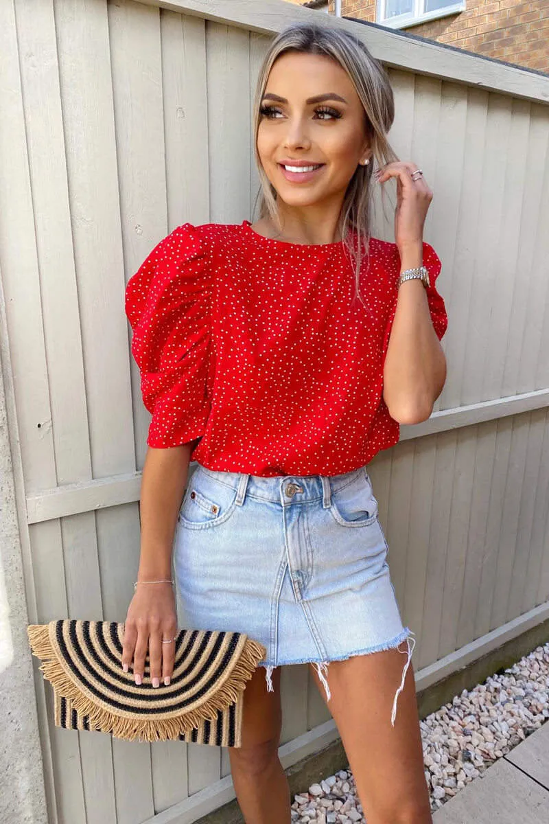 Red Polka Dot Frill Sleeve Top