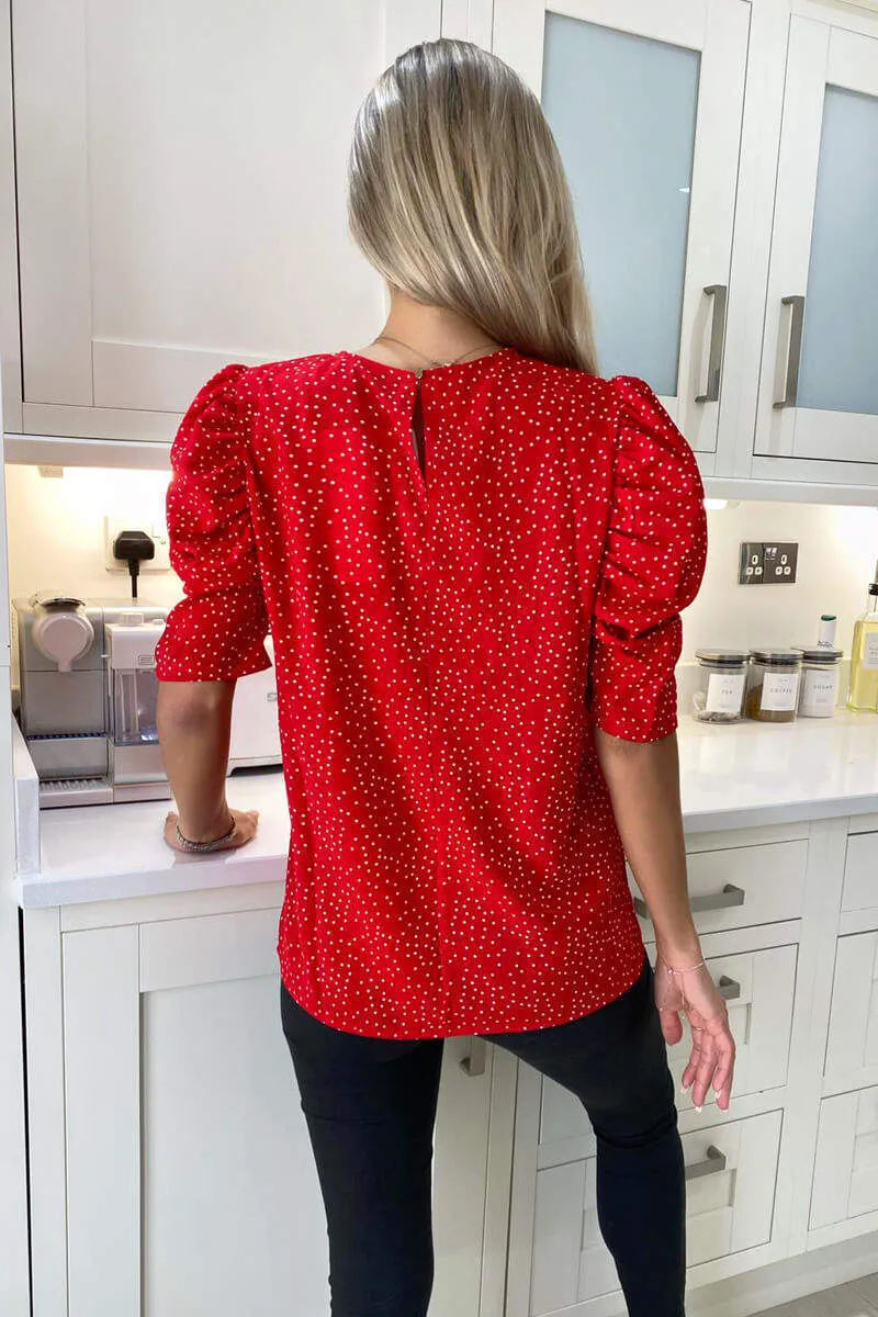 Red Polka Dot Frill Sleeve Top