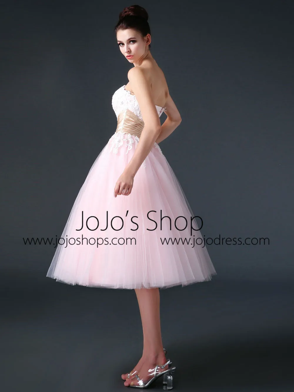 Retro 50s Strapless Pink Tea Length Prom Dress Evening Dress | CS3006