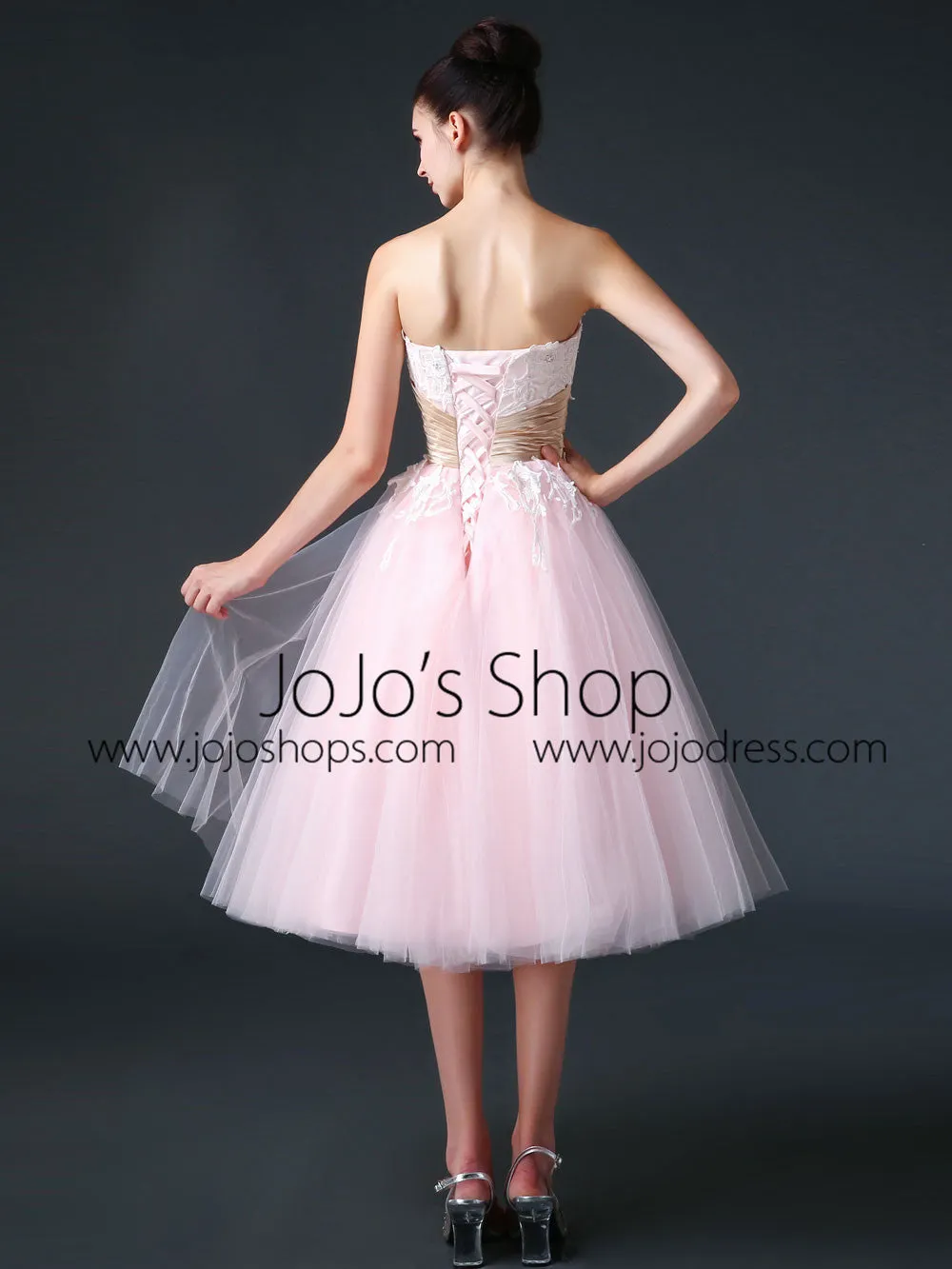 Retro 50s Strapless Pink Tea Length Prom Dress Evening Dress | CS3006