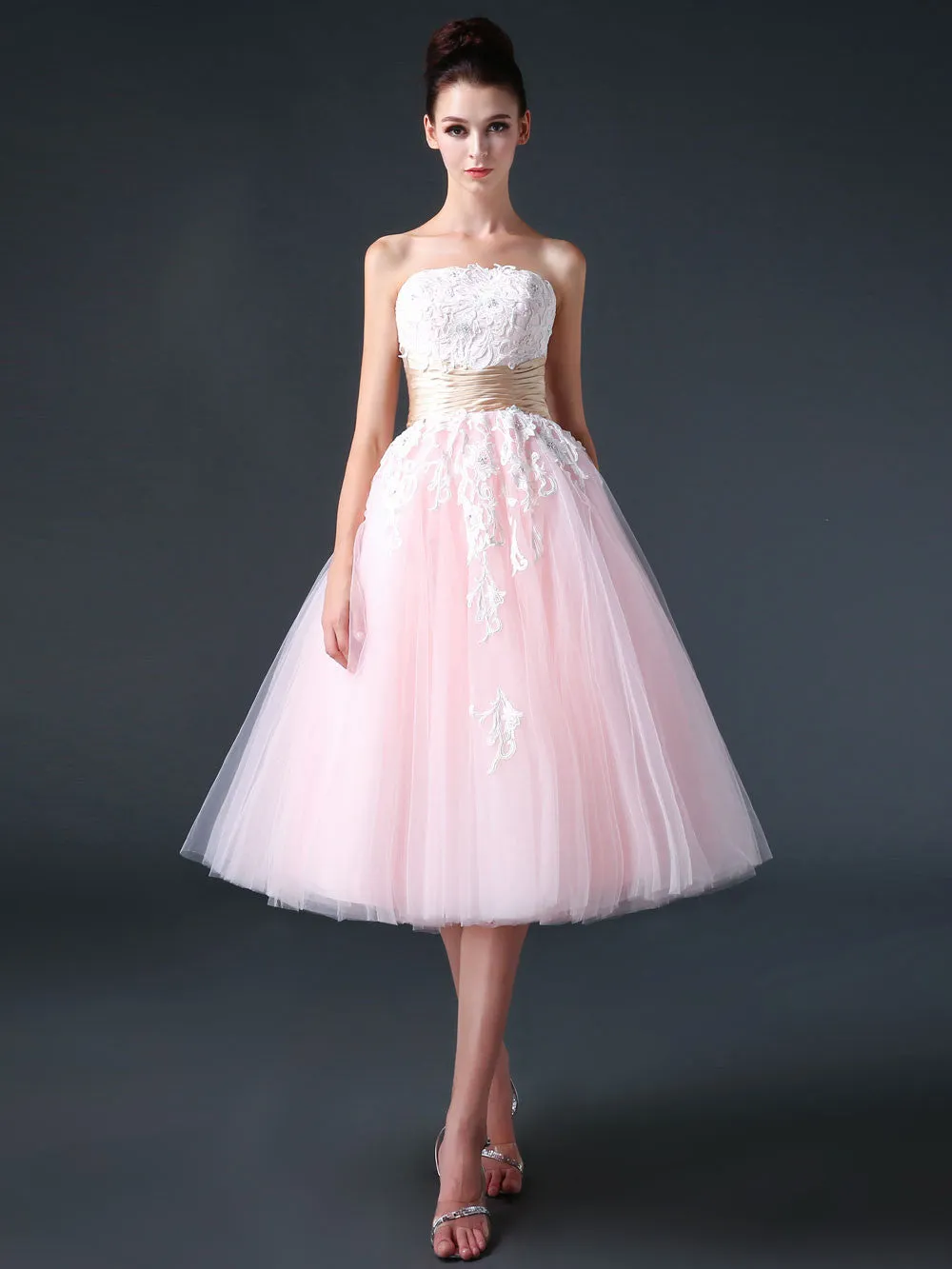 Retro 50s Strapless Pink Tea Length Prom Dress Evening Dress | CS3006