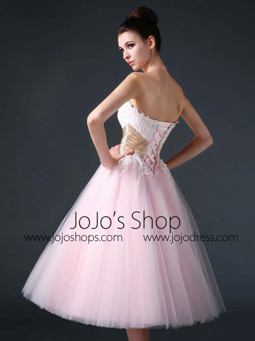 Retro 50s Strapless Pink Tea Length Prom Dress Evening Dress | CS3006