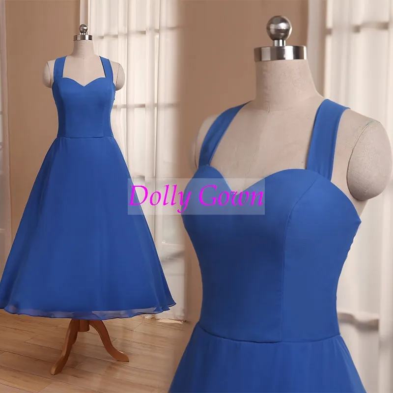 Royal Blue Tea Length 50s Style Vintage 1950s bridesmaid dresses