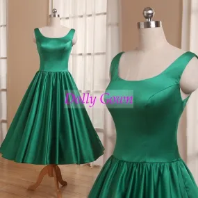 Scoop Neck Emerald Green Tea Length 50s Style Bridesmaid Dress under $100