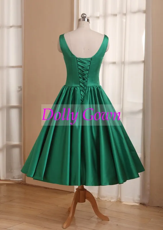 Scoop Neck Emerald Green Tea Length 50s Style Bridesmaid Dress under $100