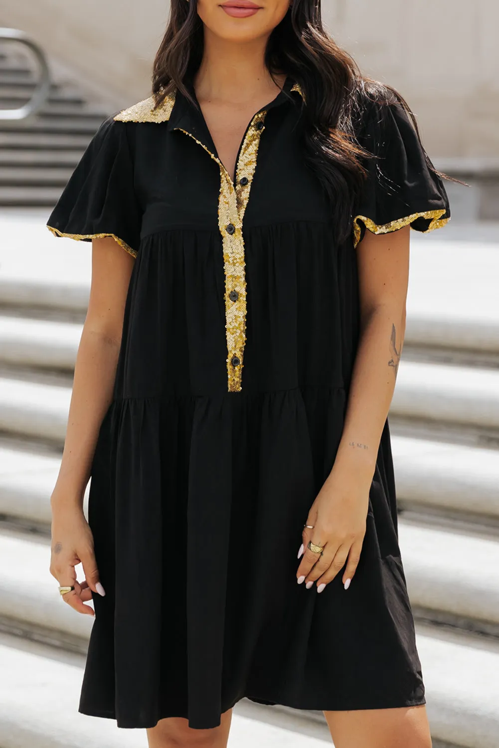 Sequin Trim Bubble Sleeve Shirt Dress