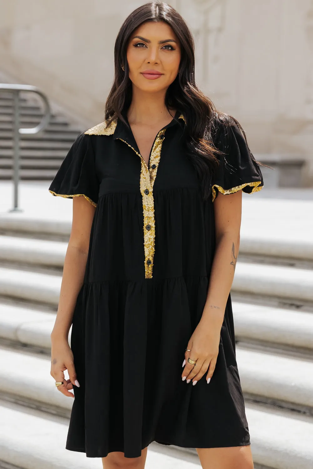 Sequin Trim Bubble Sleeve Shirt Dress