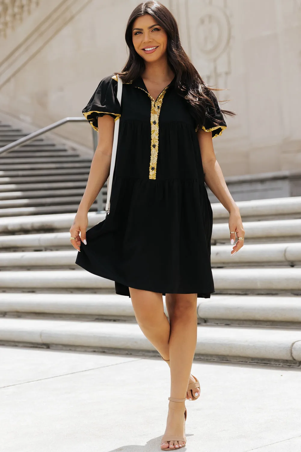 Sequin Trim Bubble Sleeve Shirt Dress