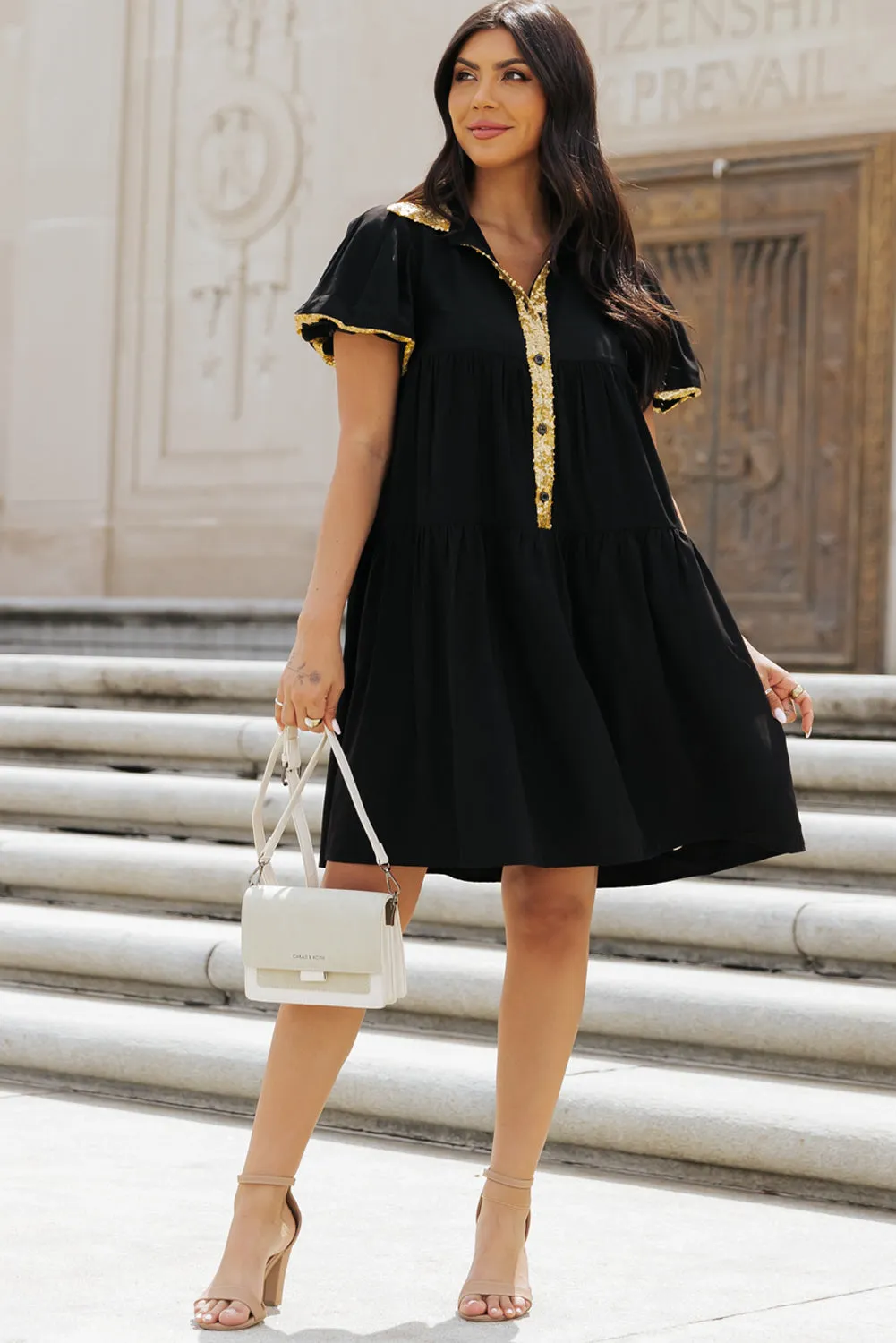 Sequin Trim Bubble Sleeve Shirt Dress