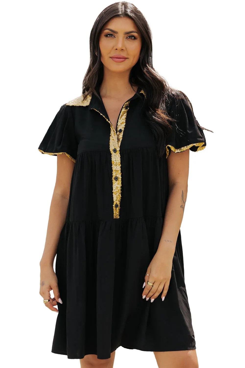 Sequin Trim Bubble Sleeve Shirt Dress