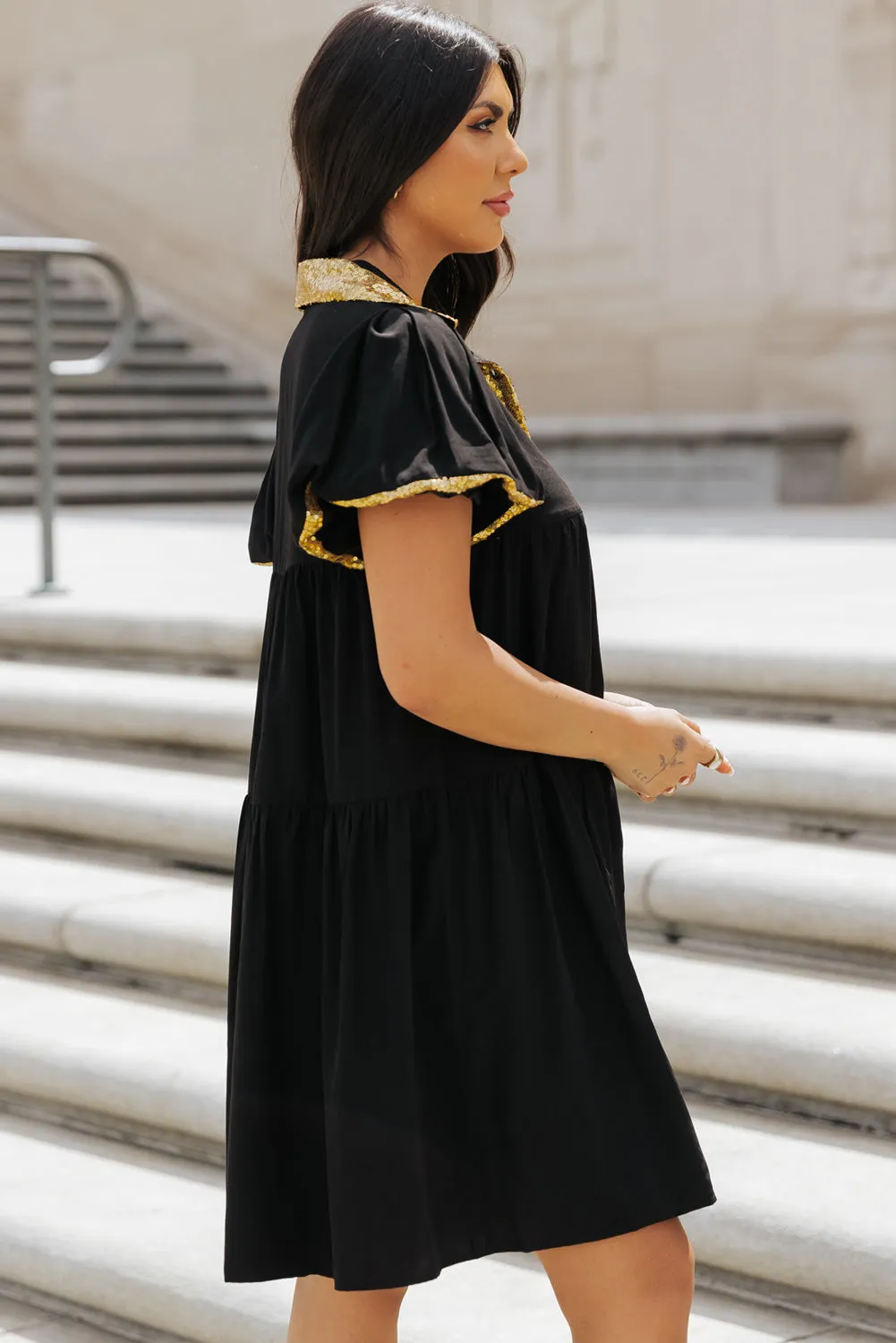 Sequin Trim Bubble Sleeve Shirt Dress