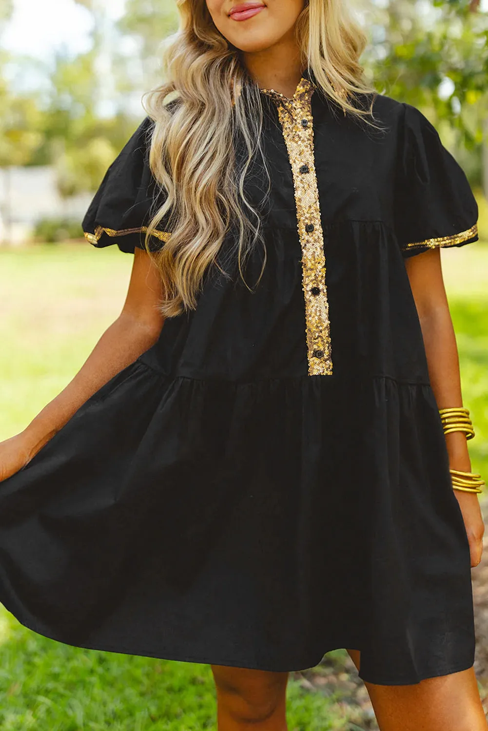 Sequin Trim Bubble Sleeve Shirt Dress