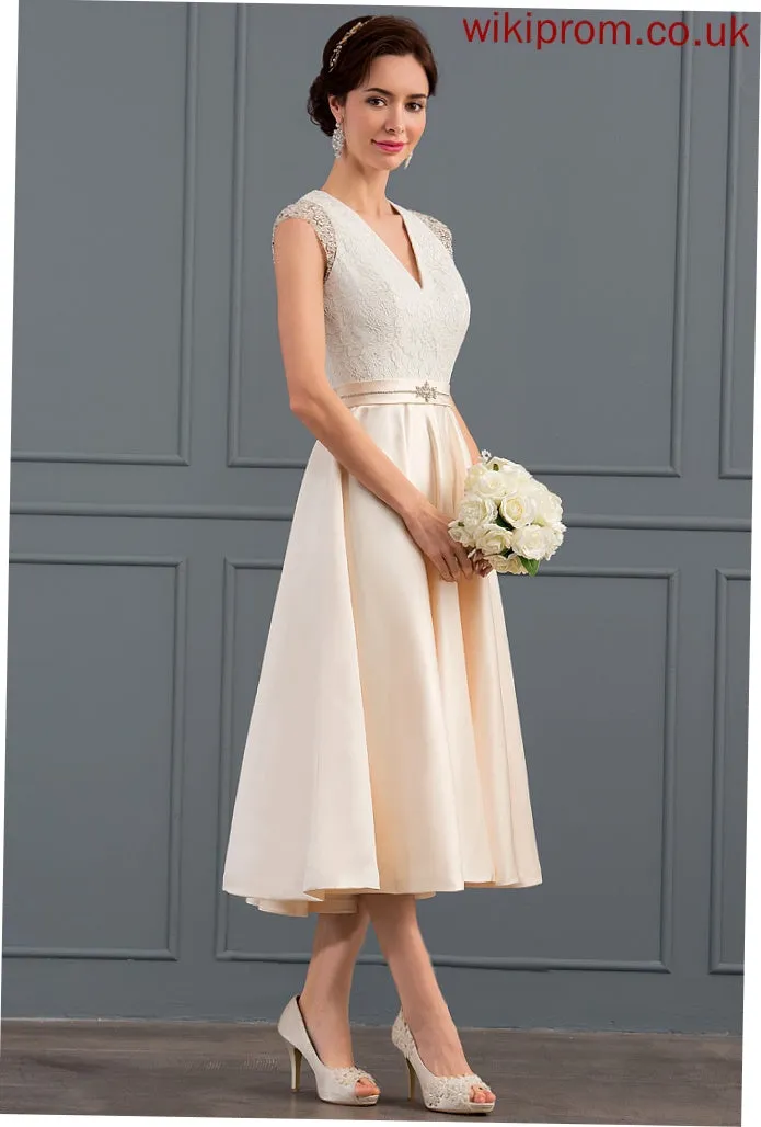 Sequins Wedding Dress With Beading V-neck Daphne Wedding Dresses Satin A-Line Tea-Length