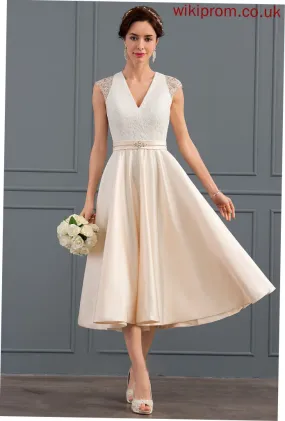 Sequins Wedding Dress With Beading V-neck Daphne Wedding Dresses Satin A-Line Tea-Length