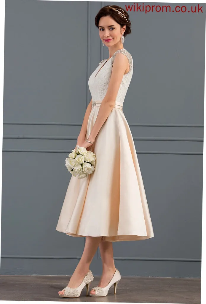 Sequins Wedding Dress With Beading V-neck Daphne Wedding Dresses Satin A-Line Tea-Length