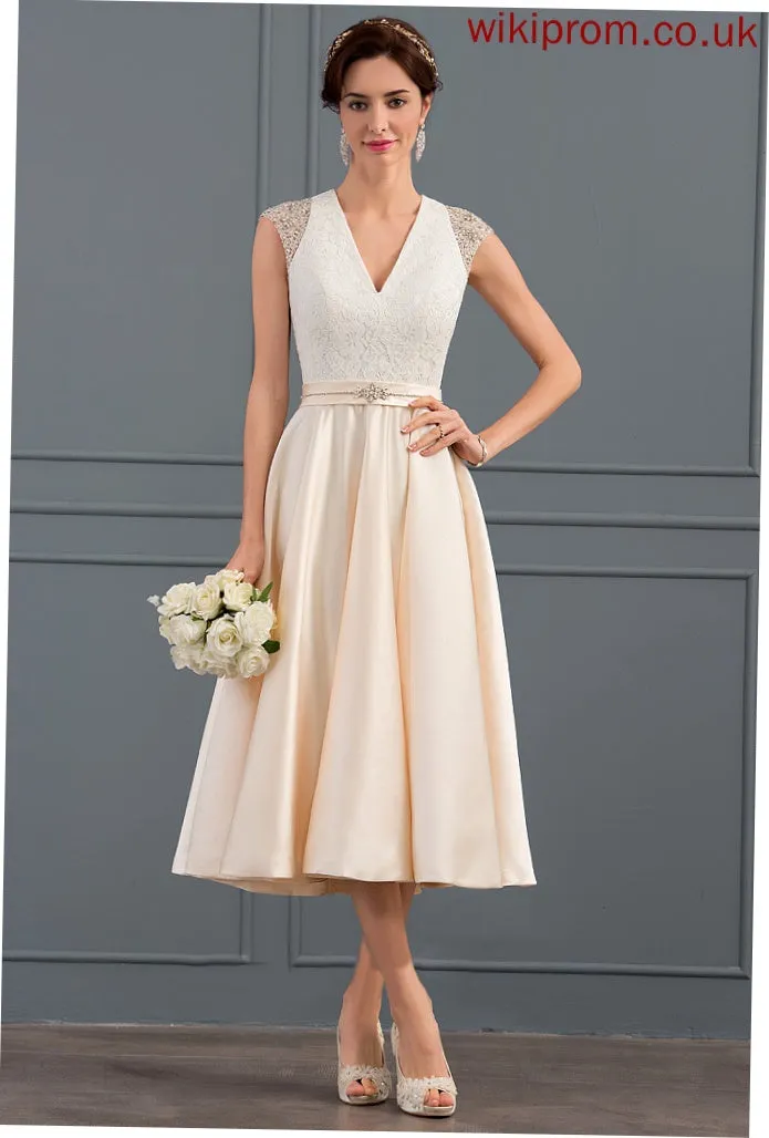 Sequins Wedding Dress With Beading V-neck Daphne Wedding Dresses Satin A-Line Tea-Length