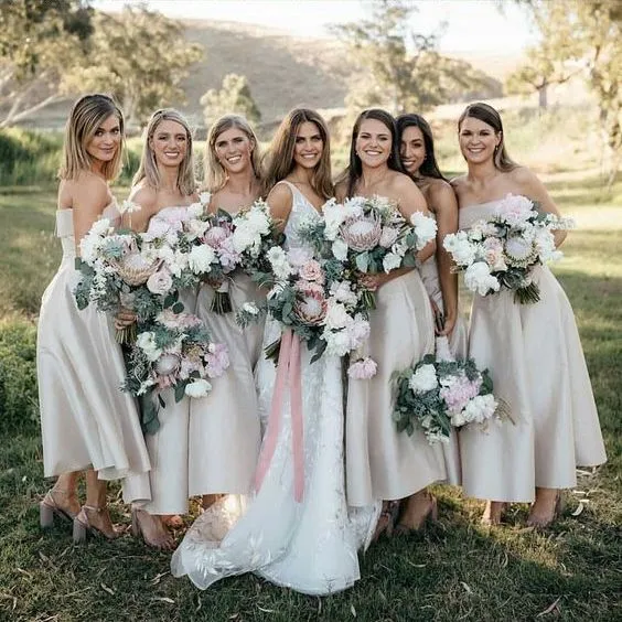 Simple Dusty Strapless Tea Length Bridesmaid Dresses