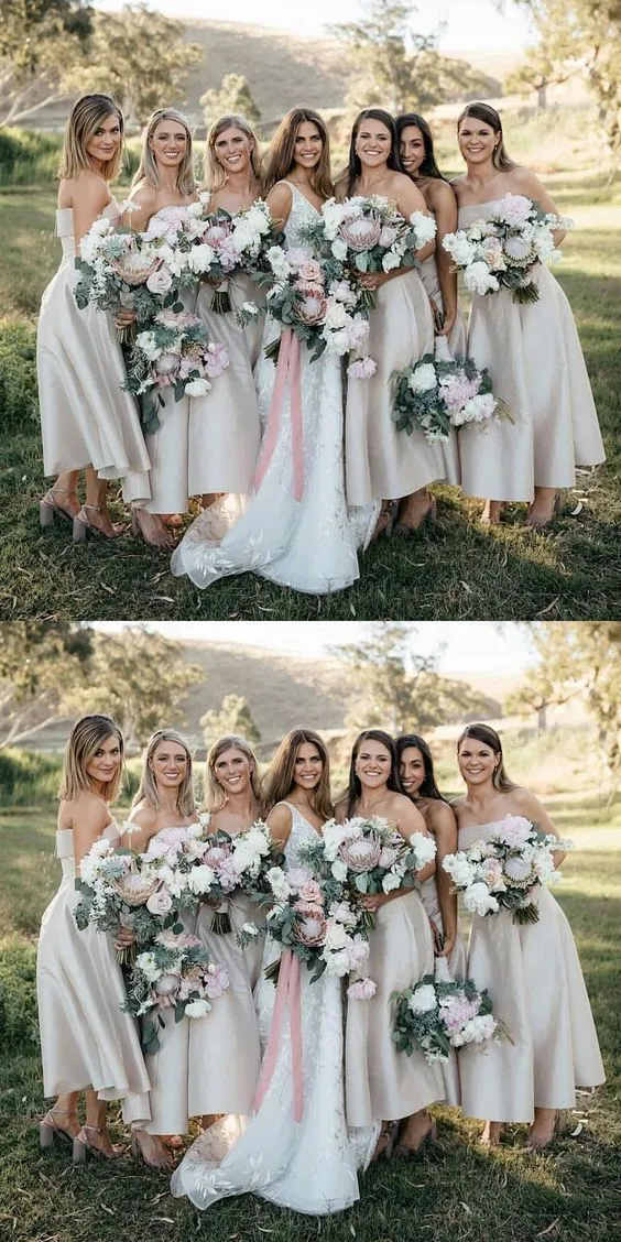 Simple Dusty Strapless Tea Length Bridesmaid Dresses