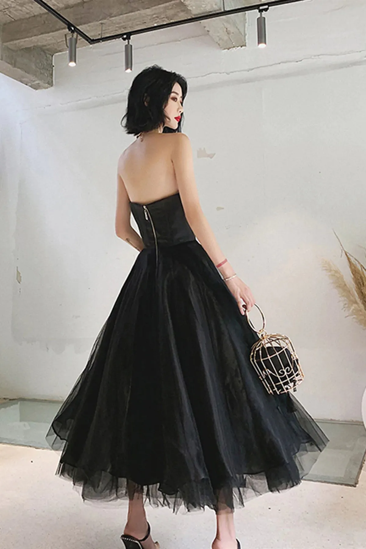 Simple Tea Length Black Prom Dresses, Black Tea Length Formal Homecoming Dresses