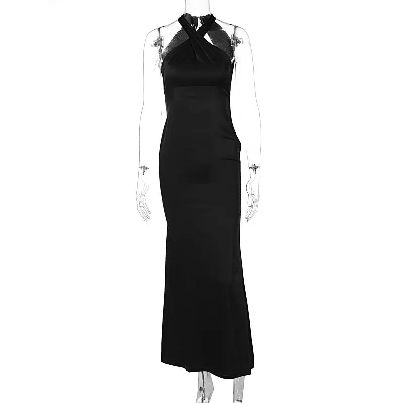 Sleeveless Cross Halter Satin Midi Dress Backless Bodycon Sexy Elegant Party Club Outfit Evening Birthday Clothes Summer