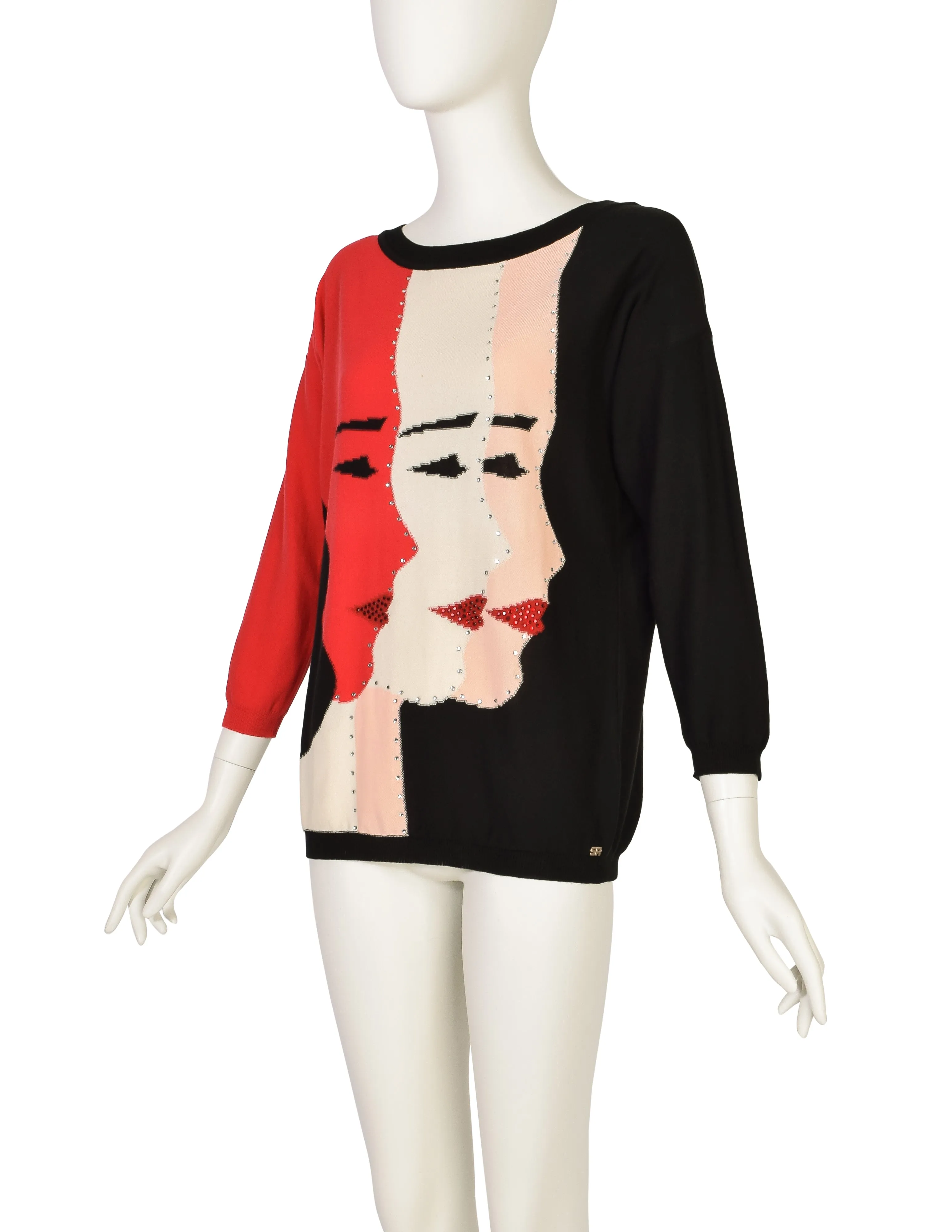 Sonia Rykiel Vintage Faces Black Red White Pink Rhinestone Sweater