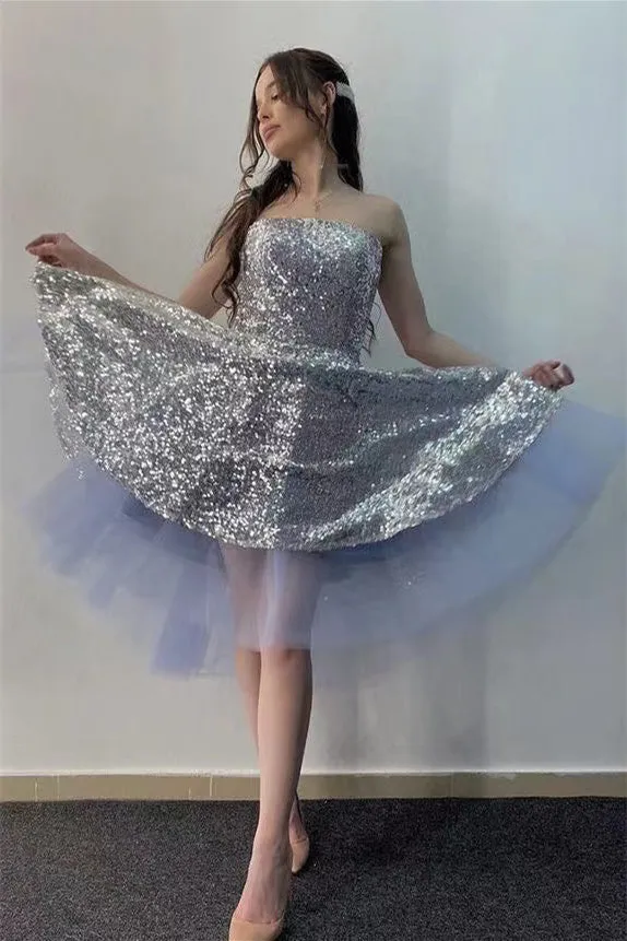 Sparkly Strapless Homecoming Dress With Tulle Unique A Line Sequin Homecoming Dress OK1602