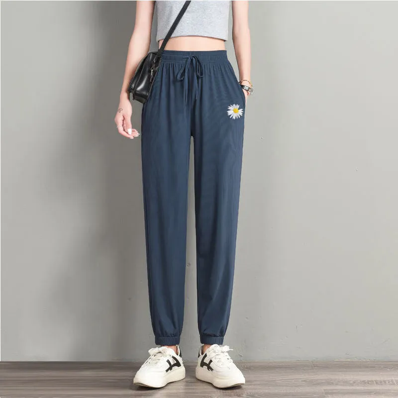 Sporty Pants Women Daisy Ice Silk Lantern Loose Jogger Embroidered Flower Casual Drape Anti Mosquito Cool Pants