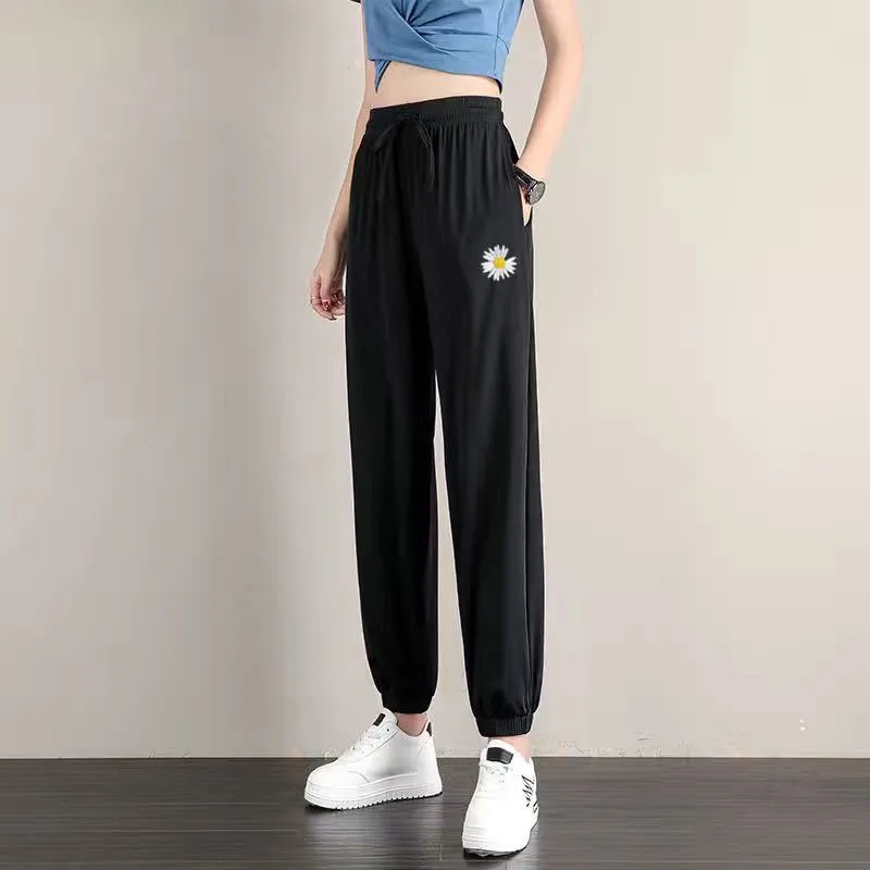 Sporty Pants Women Daisy Ice Silk Lantern Loose Jogger Embroidered Flower Casual Drape Anti Mosquito Cool Pants