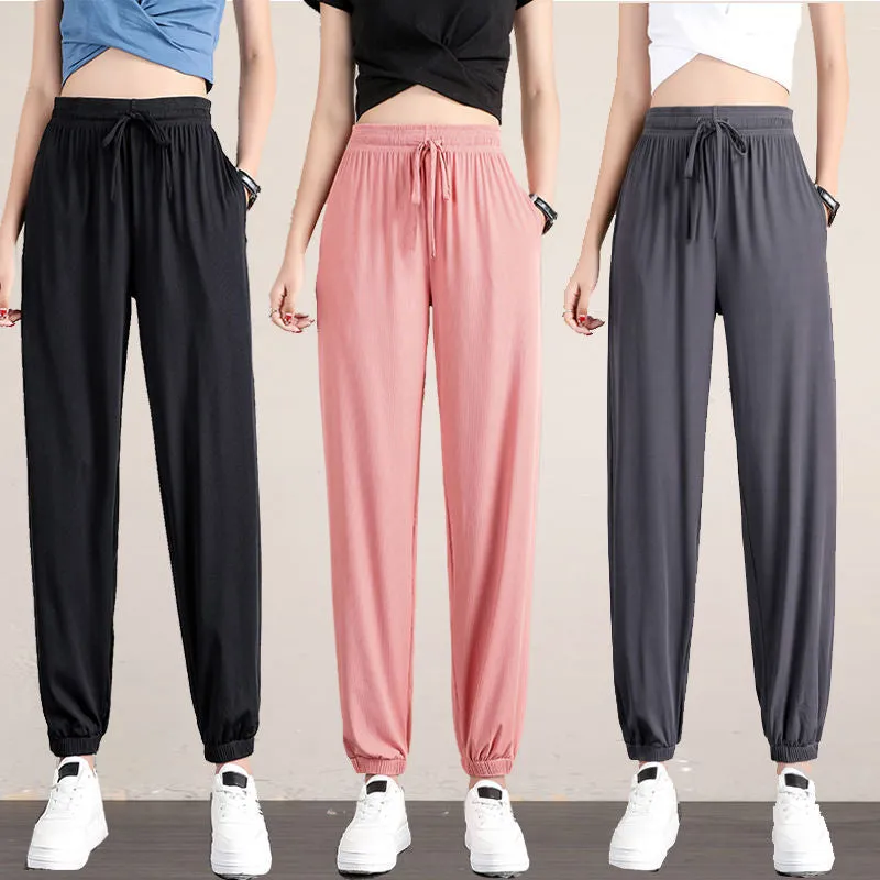 Sporty Pants Women Loose Jogger Summer Thin Casual Inner Drape Slim-Look Wide Leg Lantern Pants