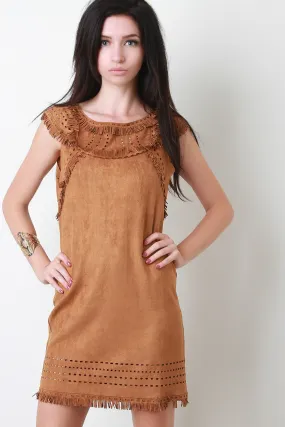 Suede Fringe Yoke Shift Dress