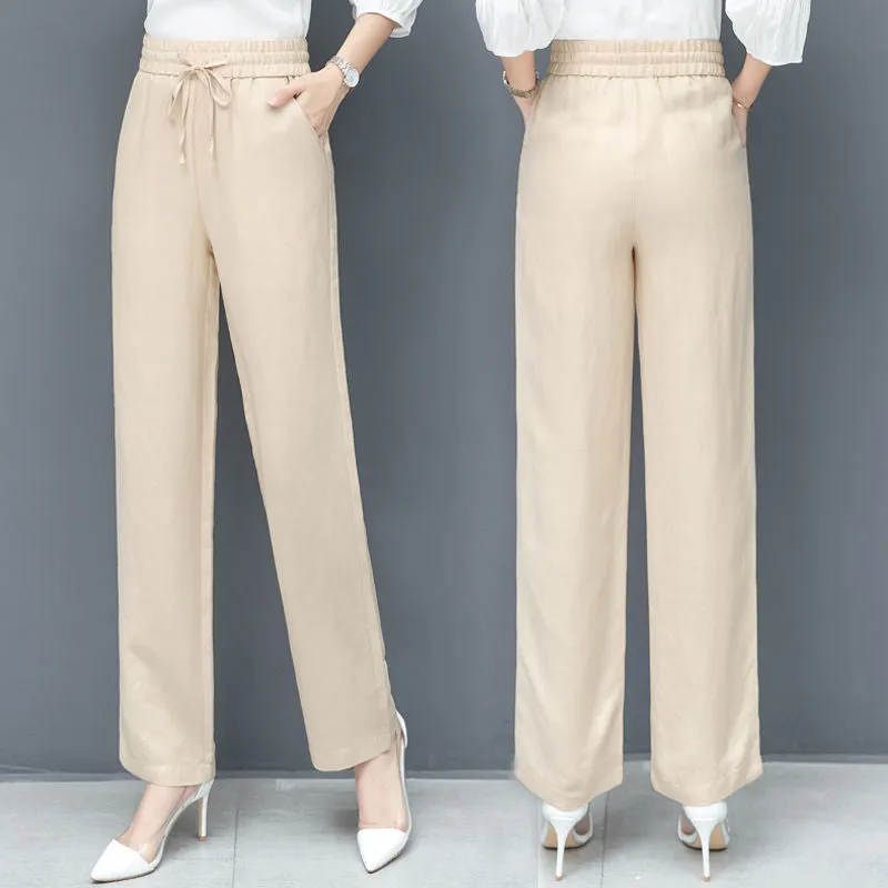 Summer Straight Denim Pants Women Wide Leg High Waist Plus Size Drape Loose Ice Silk Casual Long Pants